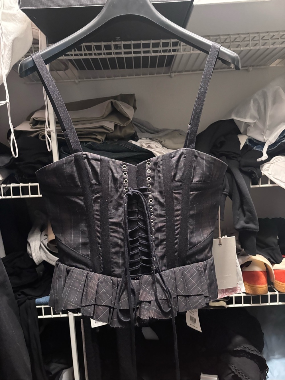 Meruert Tolegen Black Lace-Up Peplum Corset Camisole with Strappy Detail